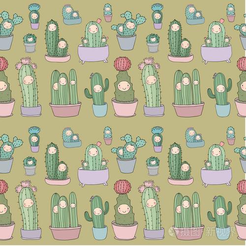 可爱的卡通仙人掌和多汁的花盆. 矢量图.