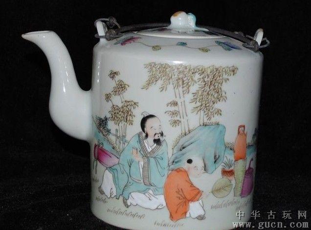 景德镇瓷器粉彩手绘渔樵问答提梁壶/茶壶
