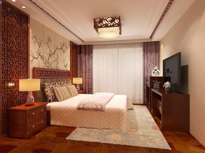 中式古典三居室卧室背景墙装修效果图欣赏