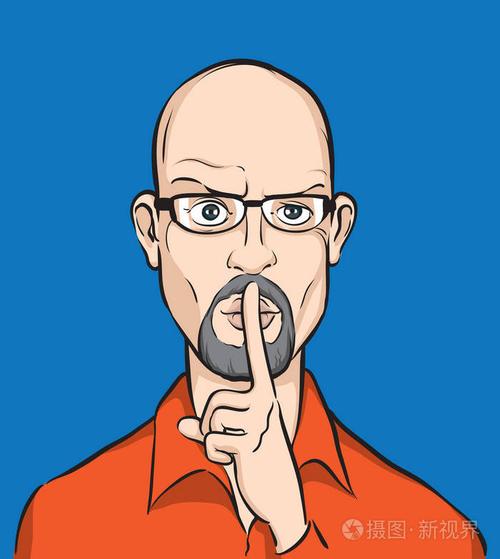 秃顶男人嘴唇上有手指的矢量插图.