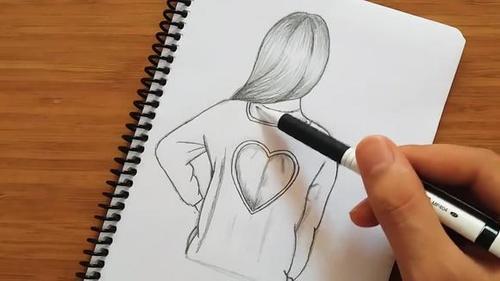 铅笔画速写教程教你如何画一个穿着心形图案长发飘飘的女孩背影