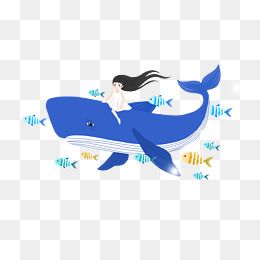 免抠卡通手绘坐在蓝色鲸鱼身上的女孩