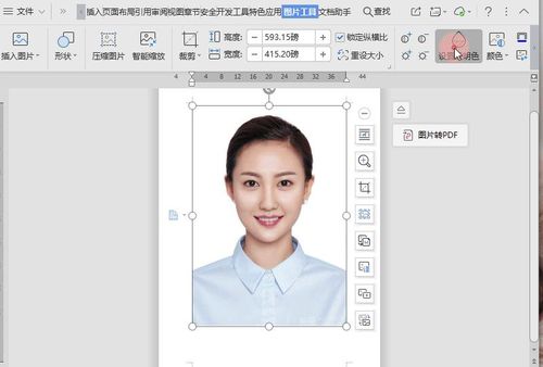 点击证件照,在图片工具菜单栏中使用"设置透明色",这样背景就会变透明