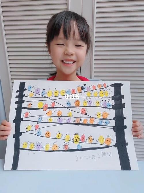 创意儿童画-电线杆上的小鸟们_画画_毛笔_唱歌_颜料_儿童画_母婴_早教