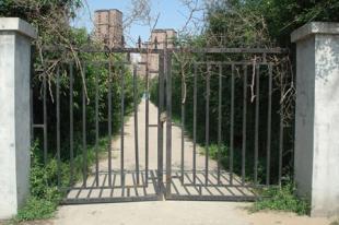 研究所的铁门上用铁丝缠上了扎人的蒺藜枝. 高欣 摄