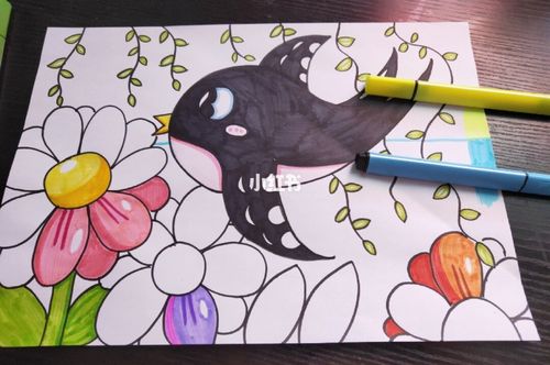 儿童画 5-7岁 彩笔《春暖花开燕飞来》_彩笔_樱花雨_一起来看樱花雨