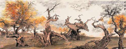 《胡杨秋韵》,《把根留住》4幅写生稿和1幅《最美大漠胡杨林》国画