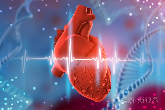 抽象未来蓝色背景下人体心脏和心脏图的三维插图. 医学数字技术概念