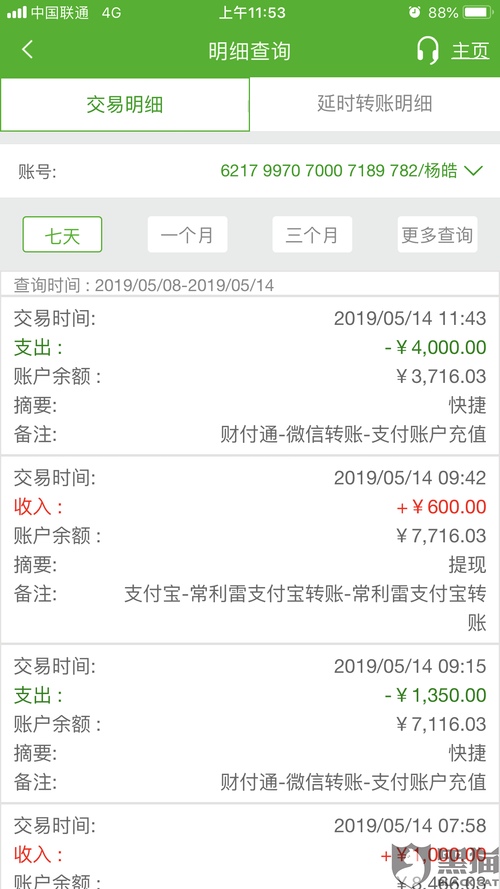 黑猫投诉银行卡被扣走2笔钱共计5350元银行流水显示财付通微信转账