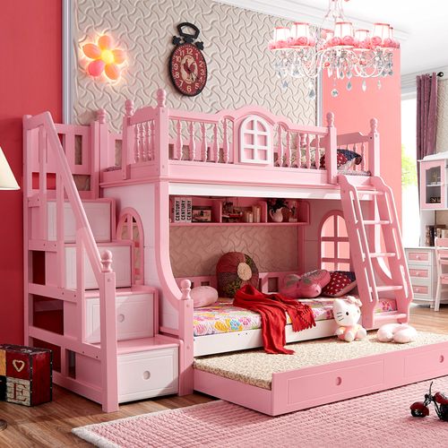 公主粉色女孩双层带衣柜实木床上下铺儿童床小孩两层多功能子母床