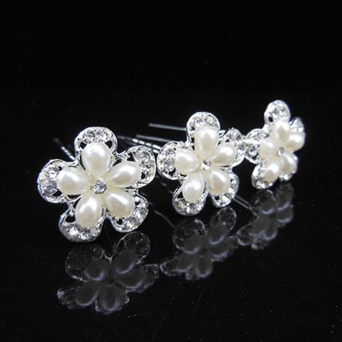 新娘盘发u型发簪叉时尚水钻珍珠花古装结婚新娘影楼饰品头饰批发