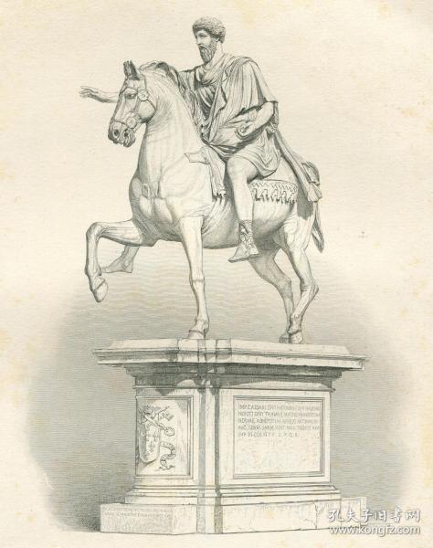 1876年钢版画 《马可·奥勒留雕像》31×22.5厘米