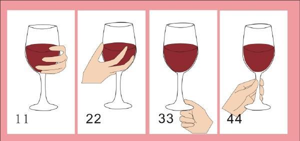 盛白葡萄酒及香槟的酒杯为高脚杯,喝时拿住杯脚下面部分,手不