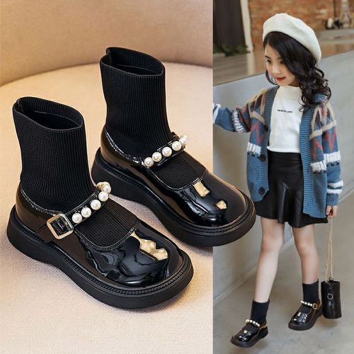 女童短靴2021秋季新款潮鞋黑色时尚儿童弹性袜靴女百搭学生小皮靴