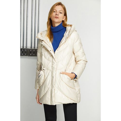 恩裳2021春季新款条纹宽松加厚连帽羽绒服女白鸭绒中长款