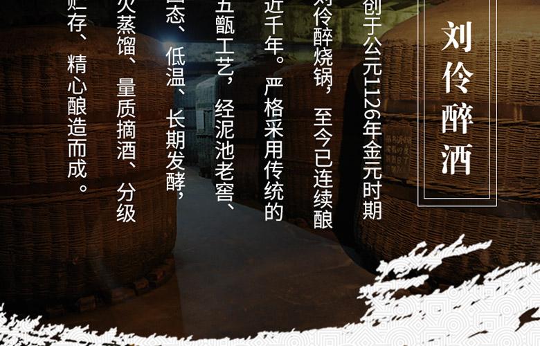1 * 6酿造工艺:传统"老五甑"工艺酒精度:60净含量:500酒厂:刘伶醉酿酒