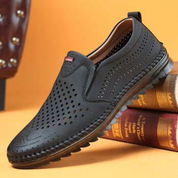 男士凉鞋夏季休闲皮鞋透气牛筋软底镂空洞洞鞋皮凉鞋真皮防臭男鞋黑色