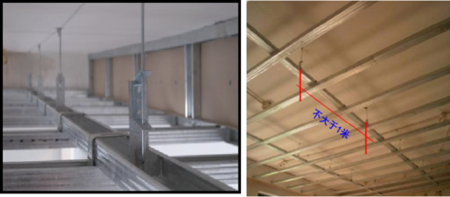 主龙骨必须固定在吊杆上,间距不大于1000mm,根据现场吊顶跨度及设计