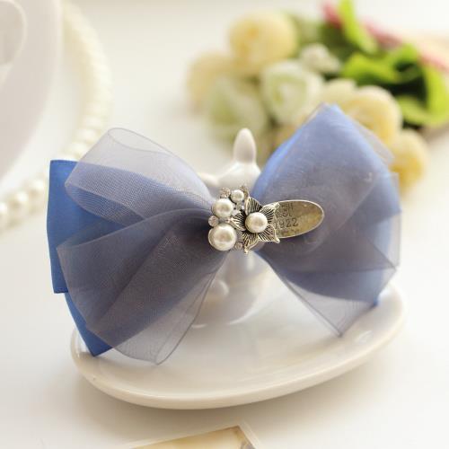 唯美布艺手工发夹娟纱顶夹学院风蓝色蝴蝶结发饰波西米亚发卡头饰