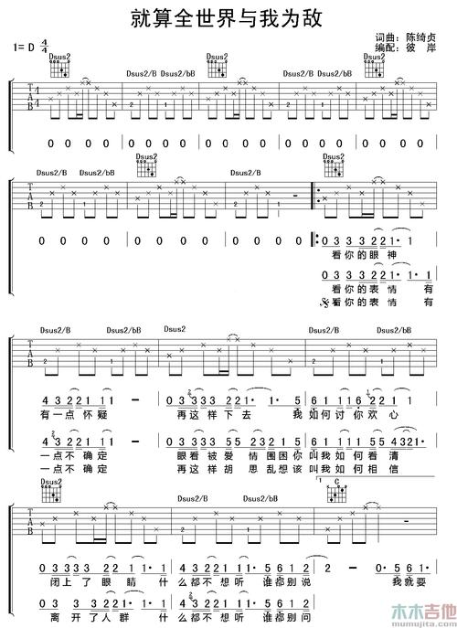 就算全世界与我为敌吉他谱_陈绮贞_六线谱_图片谱