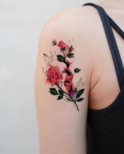 新款手绘真爱之吻花朵纹身贴防水女持久性感锁骨手臂刺青文身贴纸