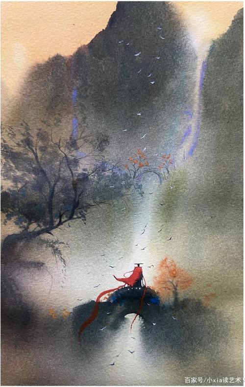 古风风景水彩画之山峰云海,好有仙境的感觉!