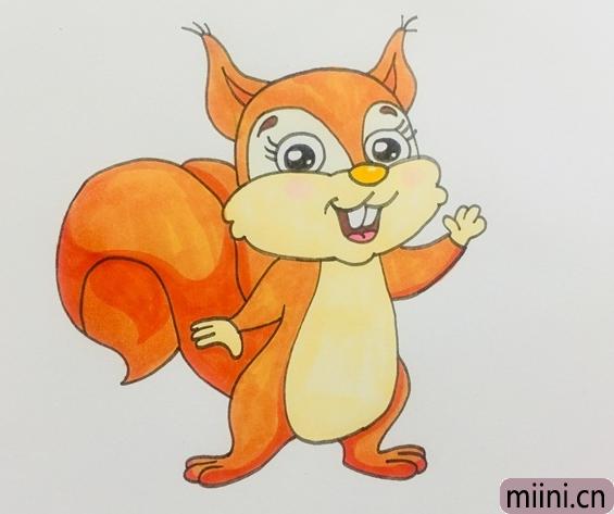 4,画出两只脚和大尾巴,大尾巴卷曲,两脚张开站立.3,画出松鼠的两只手