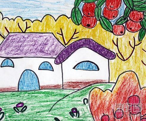 儿童蜡笔画:秋天的果园