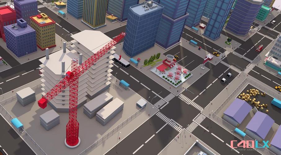 c4d低多边形城市楼房模型 城市建筑 汽车 工厂 楼房 别墅