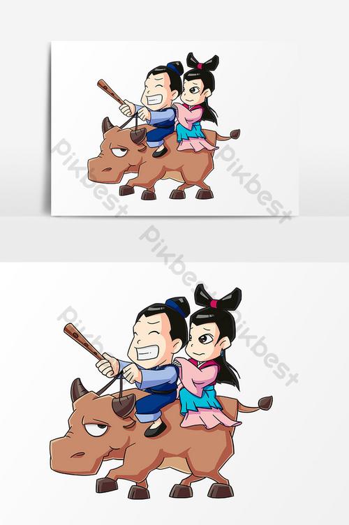 hand drawn cartoon cowherd weaver riding cows star festival