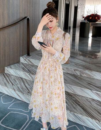碎花雪纺连衣裙女2021春款女装气质百搭收腰温柔风过膝减龄长裙子花色