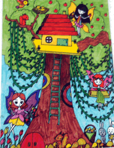 儿童画树上的小房子