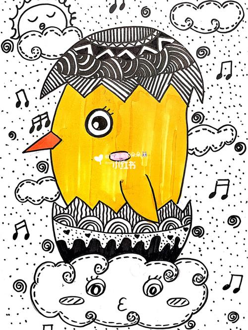 创意线描儿童画破壳的小鸡