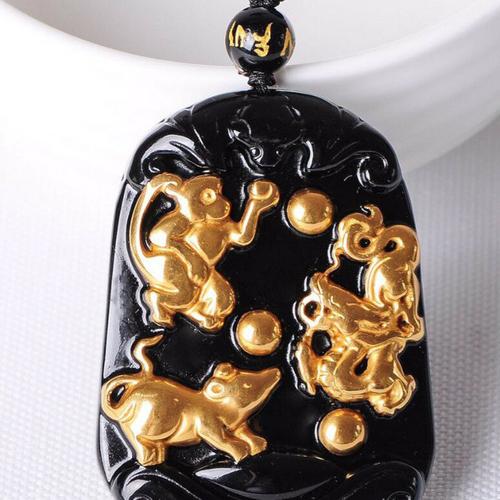 开光天然黑曜石镶黄金鼠猴龙三合贵人吊坠招财保平安男女挂坠