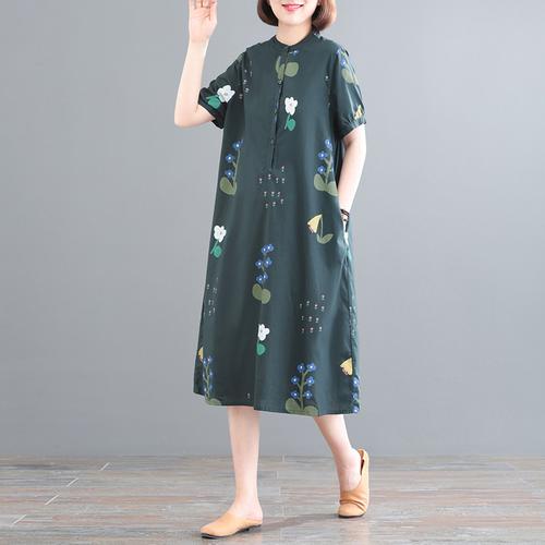 孔雀飞飞韩版宽松大码洋气休闲中长款印花棉麻连衣裙2021新款减龄