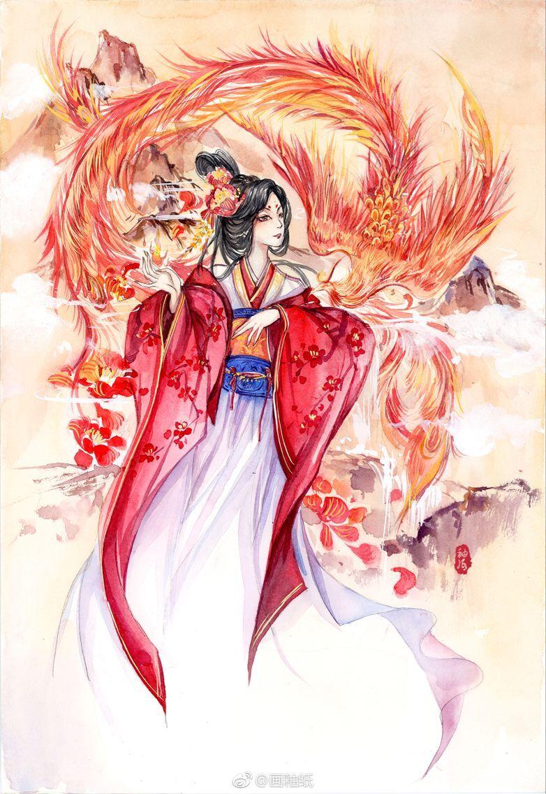 古风绘画,灵动飘逸的古风拟人插画,凤凰拟人.by:画釉纸