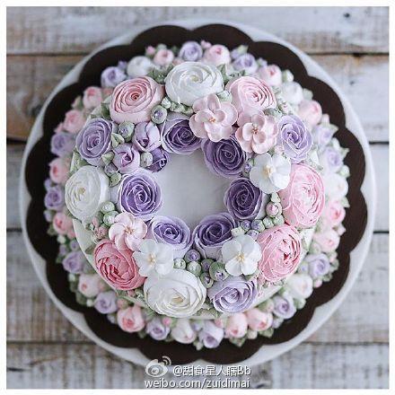 韩国烘焙师做的花圈翻糖蛋糕,人森得一此蛋糕,无憾啊