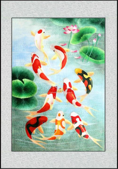 蚕丝线挂画餐厅玄关连年有余九鱼图苏绣刺绣成品客厅装饰荷花鲤鱼
