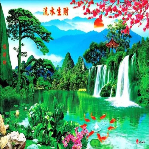 印刷大厅装饰画山水图瀑布风景纸质画墙纸流水生财风水画单幅包邮