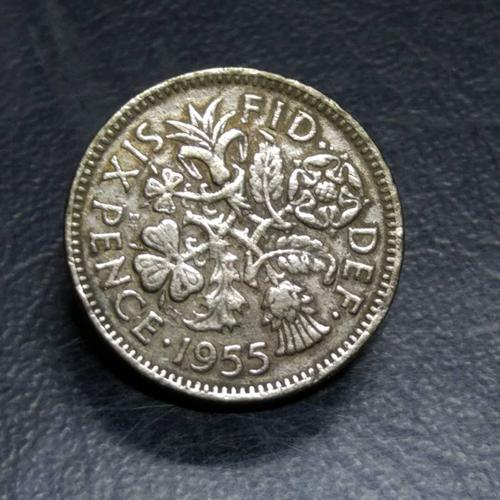 1955年英国六便士伊莉莎白青年时期女王头像硬币一