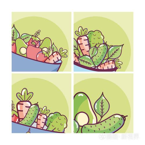 碗盘上的一套蔬菜卡通卡片收集矢量插图平面设计