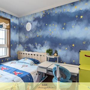 北欧ins风蓝色星空月亮壁纸现代简约儿童房温馨卧室床头装饰墙纸