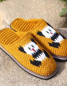 秋冬季婚嫁毛线拖鞋男女成人防滑毛线婚嫁拖鞋棉鞋 勾拖男(姜黄熊猫)