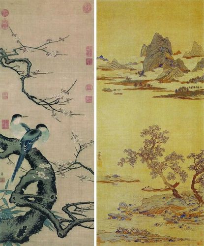 左:《缂制梅鹊图》沈子蕃 宋 右:《缂丝山水图轴》宋