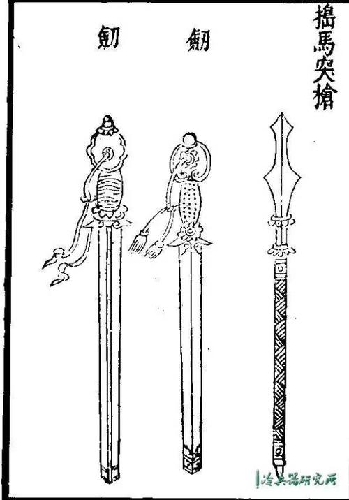 宋代枪式 在野战枪矛中,有捣马突枪,素木枪,鸦项枪,双钩枪,单钩枪