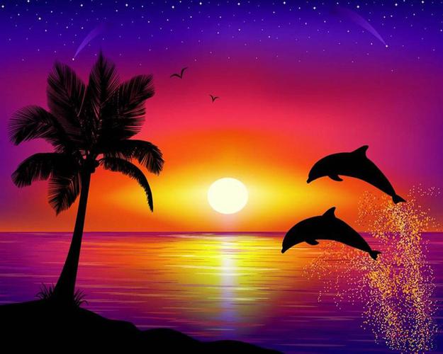 5d钻石画夕阳海豚 外贸新款满钻定制厂家批发定制钻石十字绣