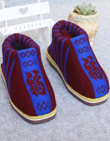 编织毛线棉鞋 居家保暖防滑 手工毛线鞋 男女冬季棉靴 枣红蓝(福字)