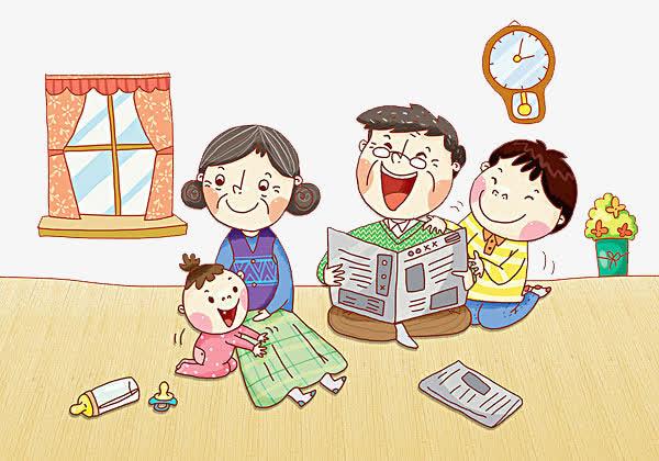 手绘爷爷奶奶带孙子的幸福画面