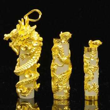金镶玉3d硬金黄金吊坠足金龙柱黄金和田玉盘龙柱挂件情侣 大号龙柱44*