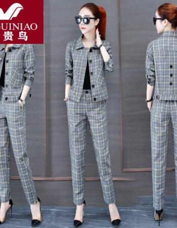 65富贵鸟高端轻奢复古格子小西装套装女时尚2021年春秋季新款洋气